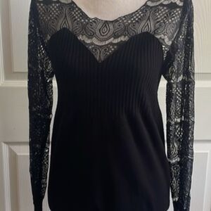 VENUS Black Lace Yoke Ribbed Bodice Long-Sleeve Top
